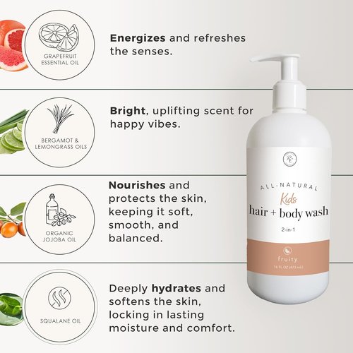Rowe Casa Organics 2-in-1 Kids Hair & Body Wash - Fruity Scented Shampoo & Body Cleanser - 16 Fl. Oz