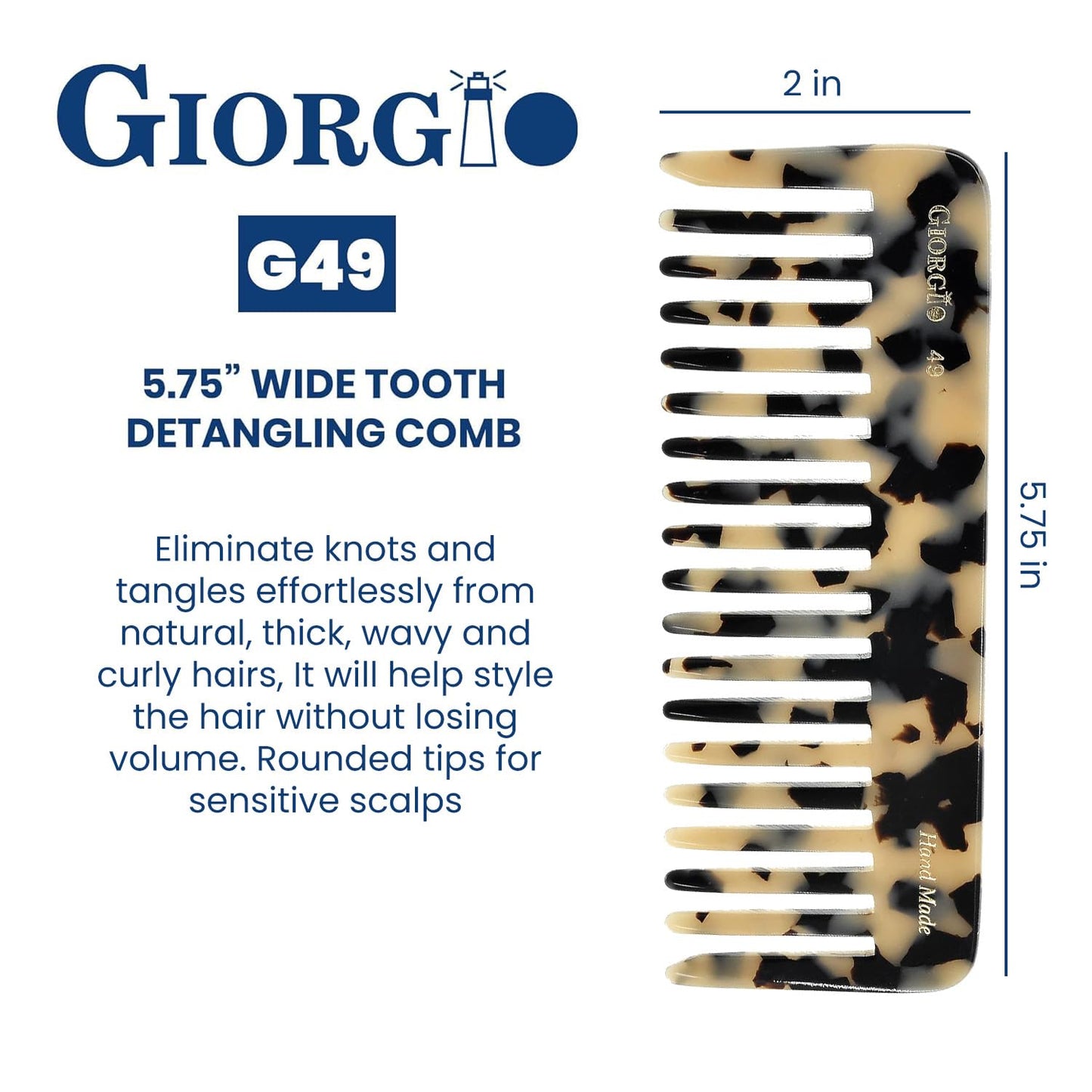 Giorgio G49 Yellow Tokio, Large Hair Detangling Comb, Wide Teeth for Thick Curly Wavy Hair, Detangler Comb For Wet and Dry, Handmade of Quality Cellulose, Saw-Cut, Hand Polished
