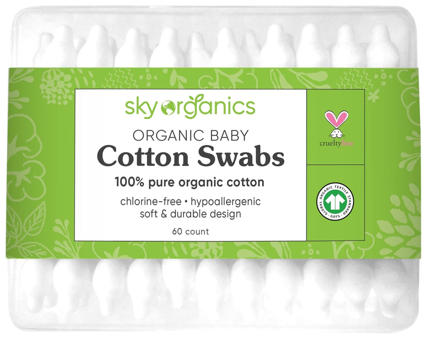 Sky Organics - Organic Baby Cotton Swabs - Ultra Soft Tips for Sensitive Skin - 60 Count - Hypoallergenic & Vegan