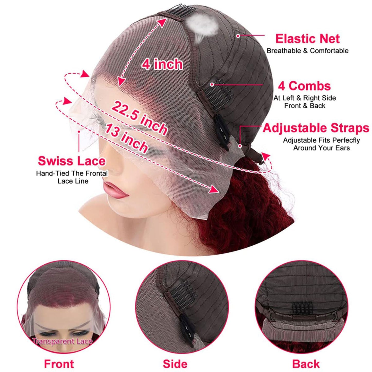 Skiennix 24-Inch 99J Burgundy Deep Wave Wig - HD Transparent Lace Front, 180 Density, Pre-Plucked