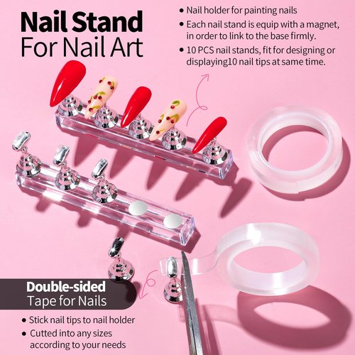 FANDAMEI Nail Art Brushes, Nail Brush Set With Nail Stand, Nail Holder For Painting Nails, Nail Art Tools, Nail Design Tools, 11PCS Nail Brushes For Nail Art, Nail Dotting Tool, Nail Art Palette, Pink