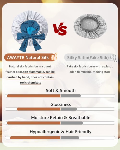 AWAYTR Silk Bonnet for Sleeping Women 100% Mulberry Silk Bonnet with Band 2 Layer Reversible Hair Bonnet Sleeping Hair Wrap (Peacock Blue/Gray)