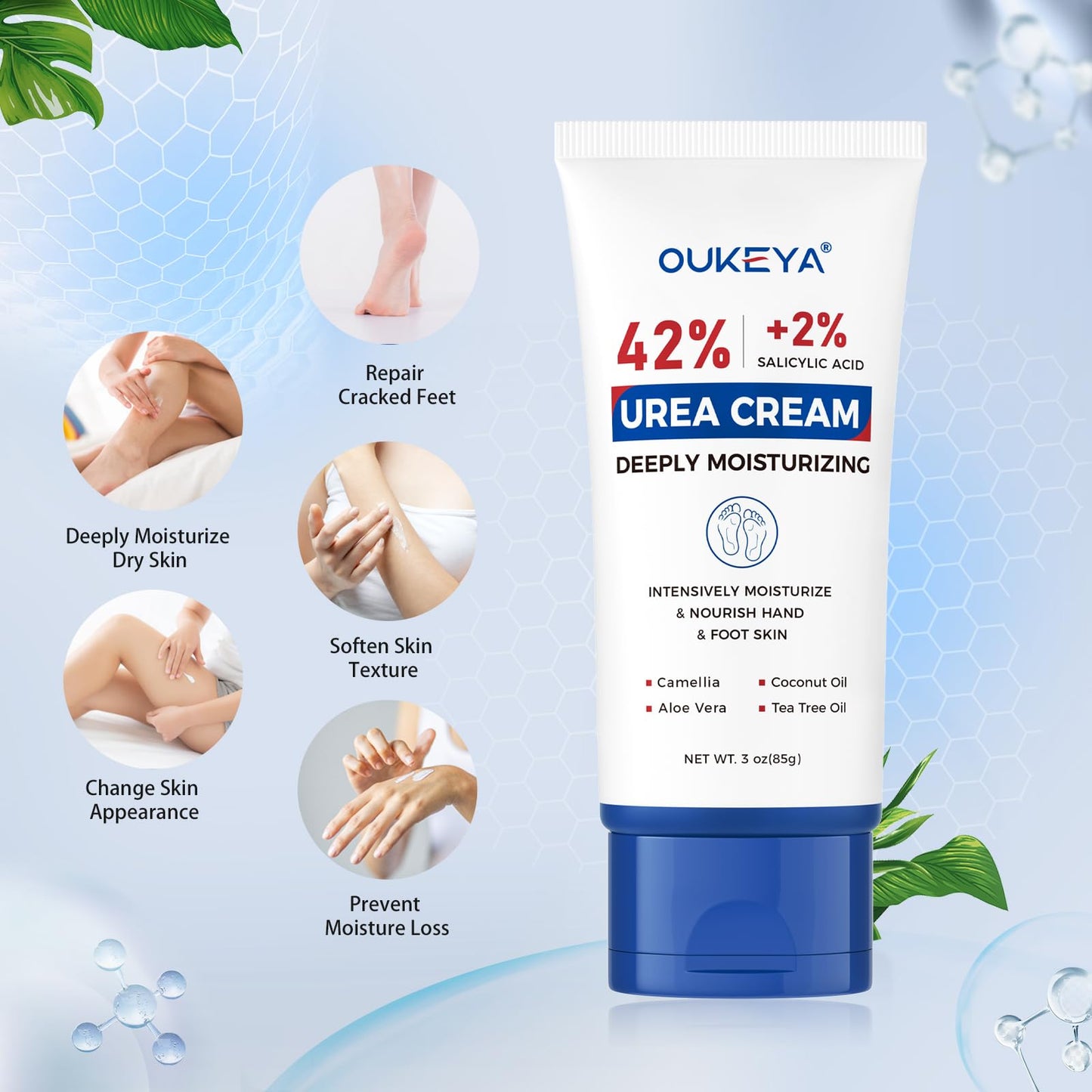 OUKEYA Urea Cream 42 Percent with 2% Salicylic Acid Tube 3 Oz, Urea Foot & Hand Cream for Dry Cracked, 40 per Urea Lotion for Feet Maximum Strength