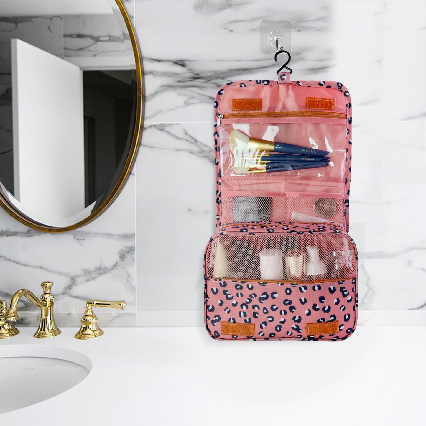 Lcsmaokin Large Capacity Toiletry Bag Travel Bag with Hanging Hook for Men and Women Waterproof Travel Cosmetic Bag Bathroom Storage Bag for Brushes Set,Full-Sized Shampoo,Accessories-Pink Smile