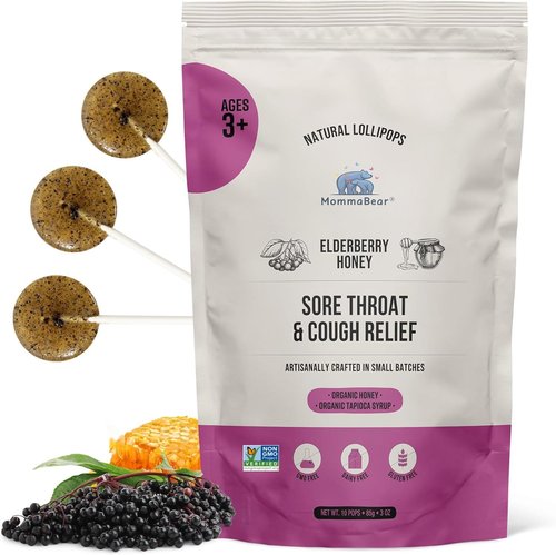 MommaBear Natural Sore Throat Care Lollipops - Organic Elderberry & Honey Cough Relief | 10 Pack, No Artificial Additives