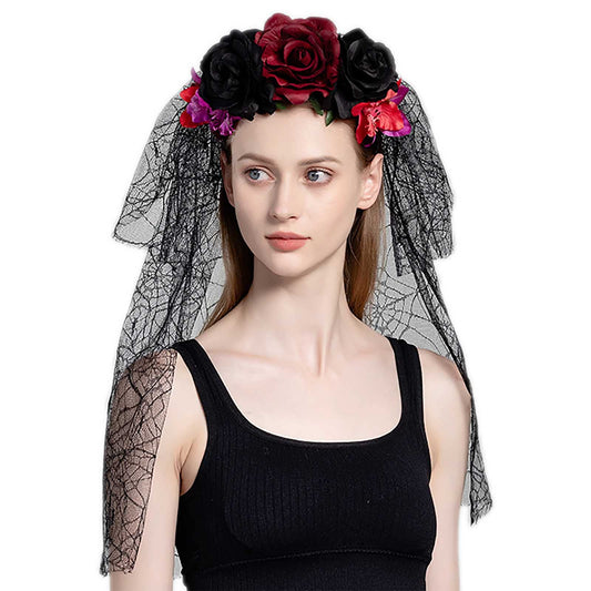 Acenail Floral Headband Veil Women Flower Crown Adjustable Head Piece Rose Flower Spider Mexican Headband Day of the Dead Head Band Cosplay Halloween Headpieces(Black Red)