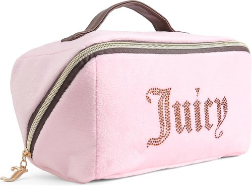 Juicy Couture Makeup Bag - Pink & Brown Velour Organizer with Rhinestone Handle | Travel Essentials