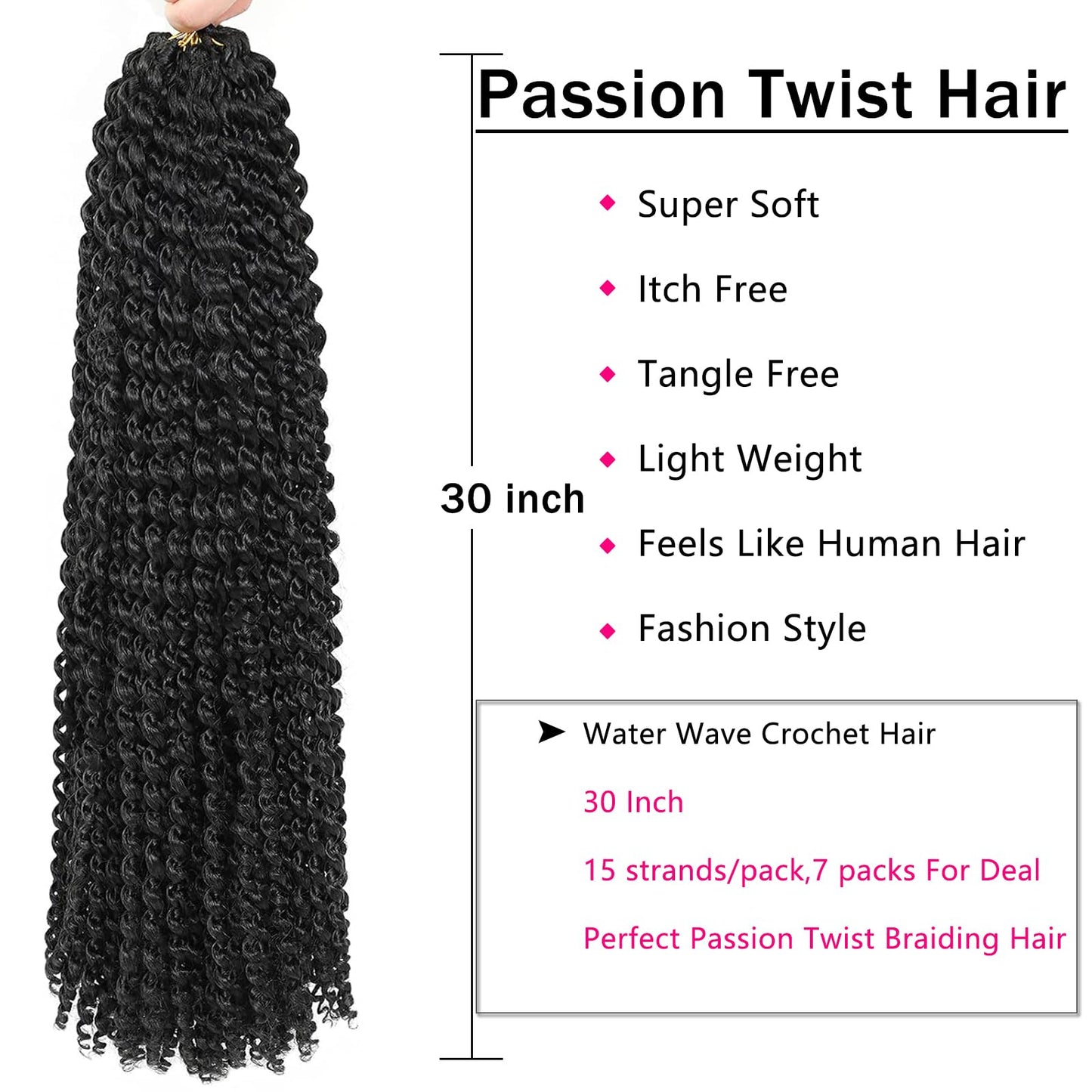 Passion Twist Hair 30 Inch 7 Packs Water Wave Crochet Hair Black Wrap Braiding Hair For Passion Twist Crochet Hair/Butterfly Locs/Spring Twist Crochet Braids Boho Hair Extension (30inch,7pc,1B#)