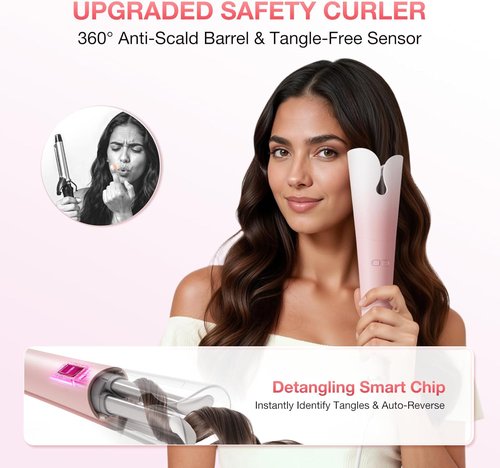 BABONIR Automatic Curling Iron - 1.25'' Ceramic Rotating Wand with 3 Heat Settings & Anti-Scald Design | Travel-Friendly Pink