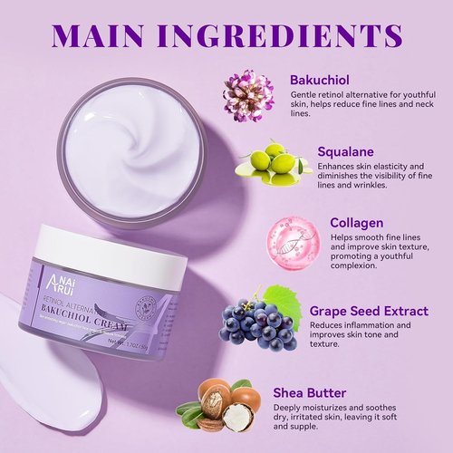 ANAI RUI Bakuchiol Face Cream - Natural Retinol Anti-Aging Moisturizer with Squalane & Collagen | 1.7 Oz