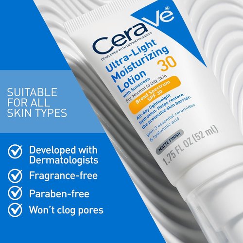 CeraVe Ultra-Light Moisturizing Lotion - Daily Face Moisturizer with SPF 30 & Hyaluronic Acid | 1.7 Ounce