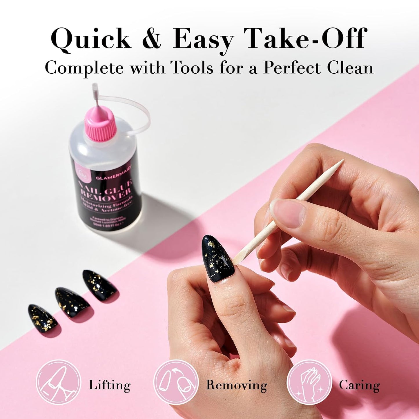 GLAMERMAID 50 ml Pinpoint Nail Glue Remover for Press on Nails Non-Acetone with 3 Orangewood Sticks, Multifunctional Gentle Glue Remover for Nails Tips Acrylic Nails Fake Nails