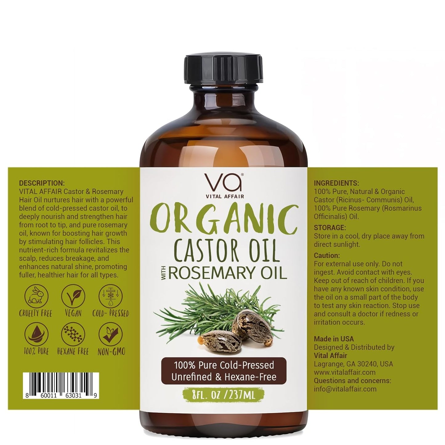 VITAL AFFAIR Organic Castor Oil - 100% Pure Rosemary Hair Growth Oil in 8 Fl Oz Glass Bottle | Strengthens & Volumizes