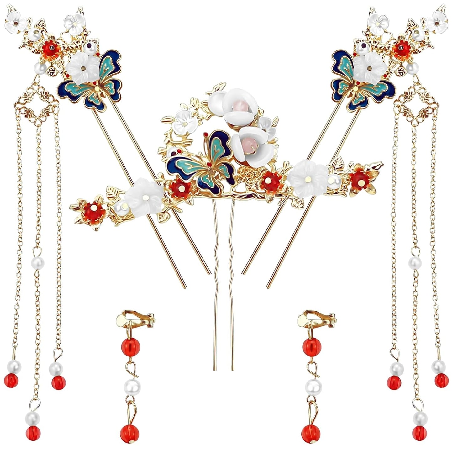 5 Pcs Flower Chinese Tassel Hair Stick Crystal Pearl Hanfu Hair Pins Classical Floral Bride Wedding Accessories for Women