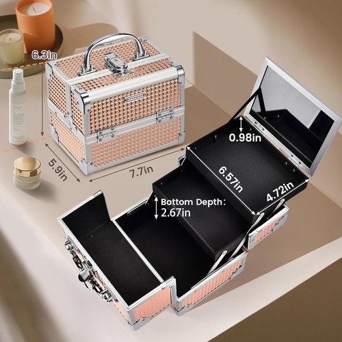 FRENESSA Makeup Case - Portable Train Case with Mirror | Hard Organizer for Travel & Vanity - Rose Gold