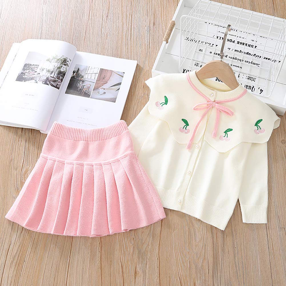 Toddler Baby Girls Autumn Winter Clothes Knit Button up Long Sleeve Ruffle Bowknot Sweater Cardigan Tops+Pleated Mini Tutu Skirt 2pcs Outfit Princess Dress up Costume for Kids Pink-Cherry 4-5 Years