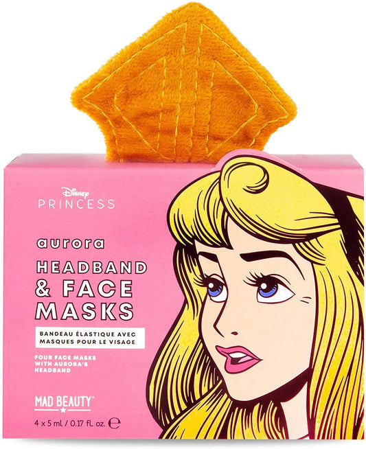 MAD Beauty Disney Princess Aurora Cosmetic Sheet Face Mask and Headband Set | 4 Face Masks and One Washable Headband | Skincare Gifts for Women and Adults