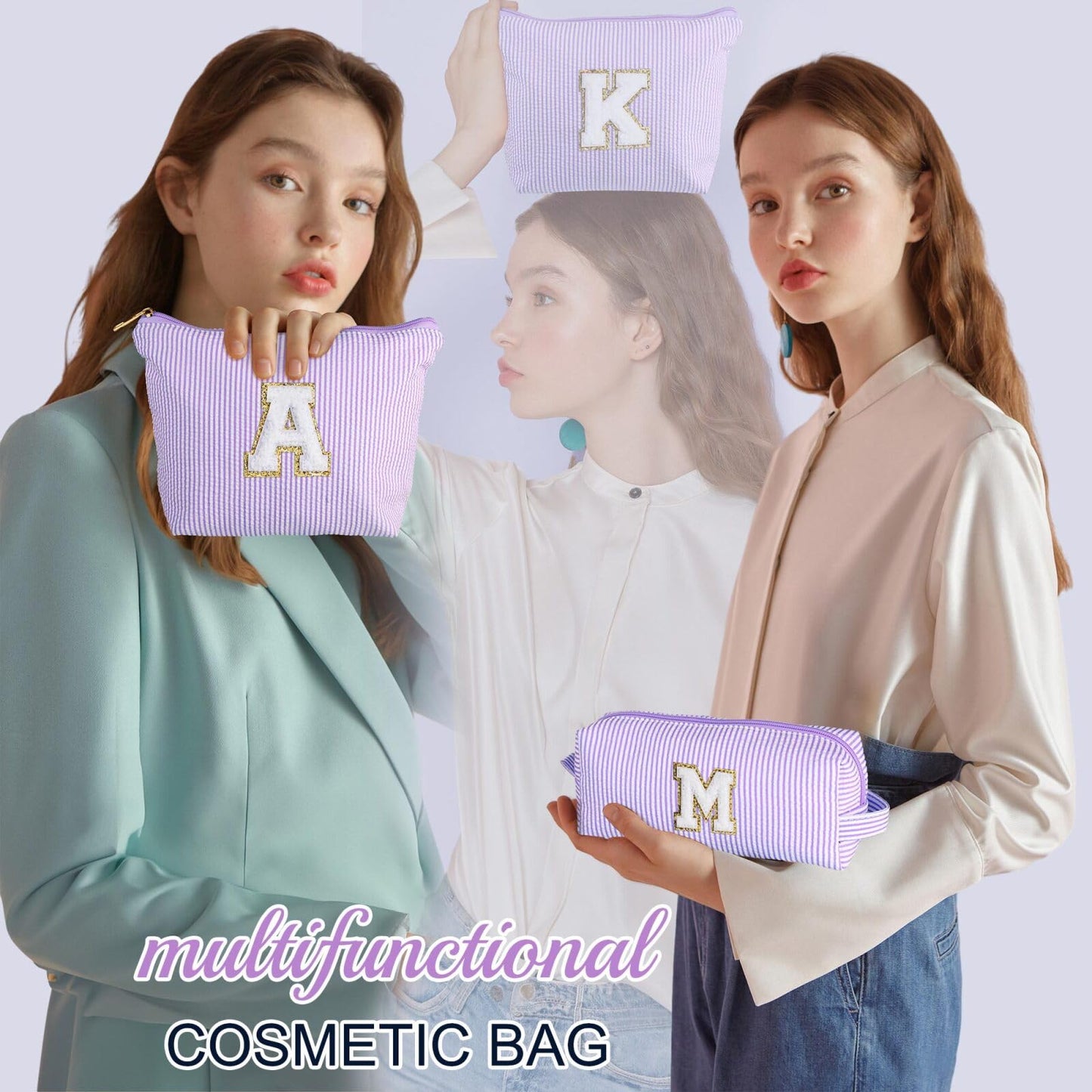YOOLIFE Personalized Cute Purple Initial Cosmetic Makeup Pouch - Make Up Toiletry Bag for Her Mom Teacher Friend Girlfriend Wife Birthday Gifts