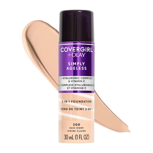 COVERGIRL & Olay Simply Ageless Liquid Foundation - Matte Finish with Hyaluronic Acid & Vitamin C | 200 Fair Ivory, 1 Count