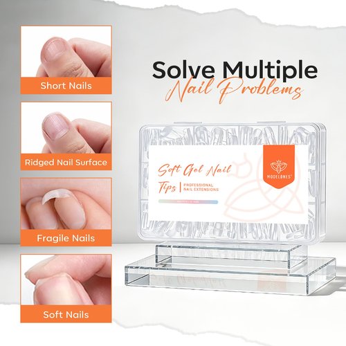 modelones Short Almond Nail Tips, Pre-shaped Soft Gel Tips Fake Nails False Acrylic Clear Full Cover Press on Extension Kit Gel Manicure DIY at Home 216PCS 12Sizes