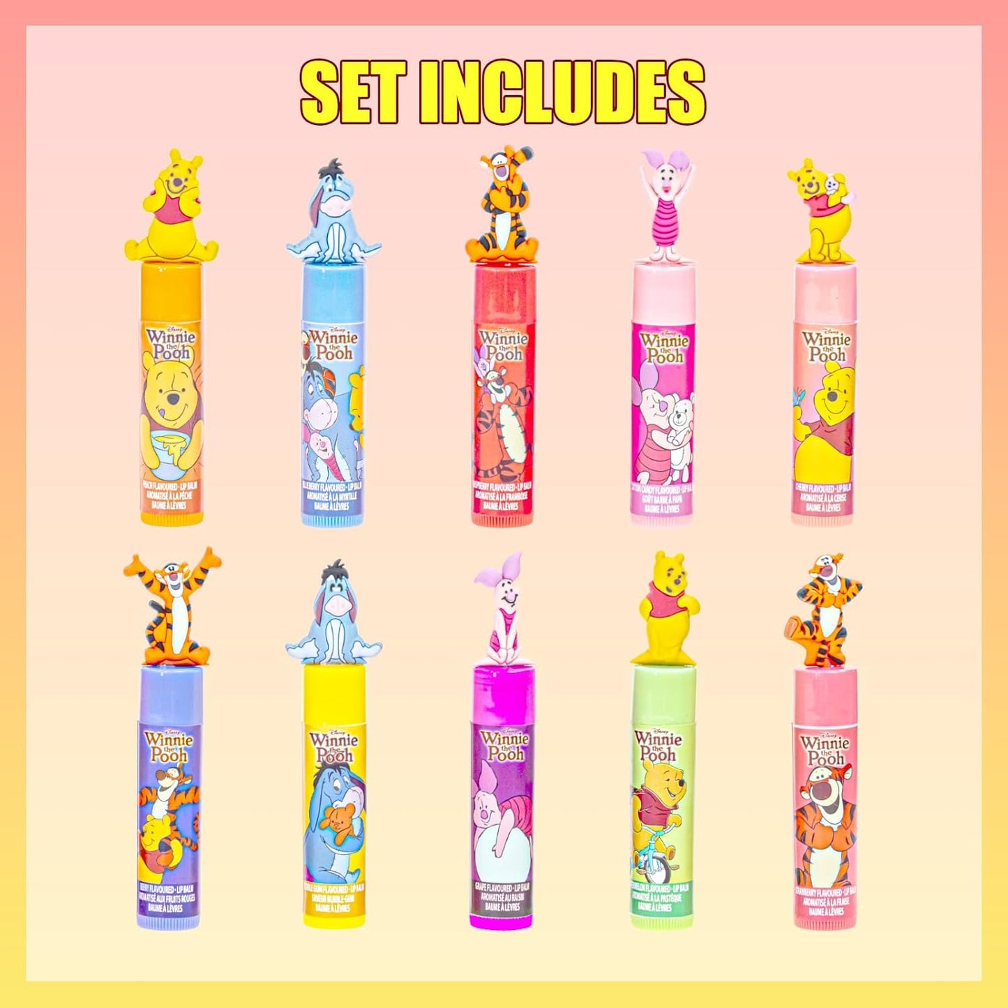 Townley Girl Winnie the Pooh 10-Piece Plant-Based Lip Balm Set - Perfect Gift for Kids & Toddlers
