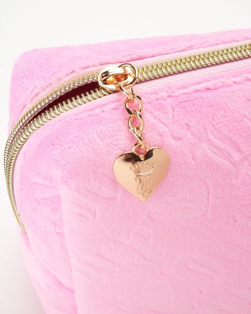 Juicy Couture Pink Makeup Bag - Velour Travel Organizer with Zip Top & Heart Design