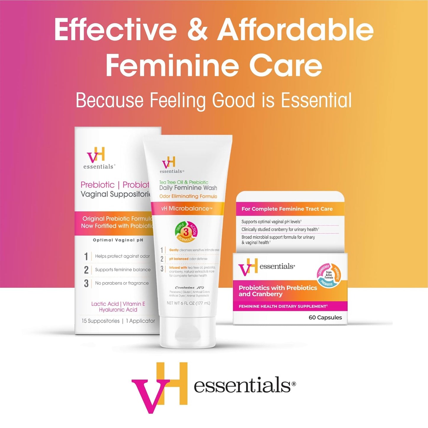 vH Essentials pH Balanced Daily Feminine Wash - Tea Tree Oil & Prebiotic, 6 Fl Oz, Pack of 1