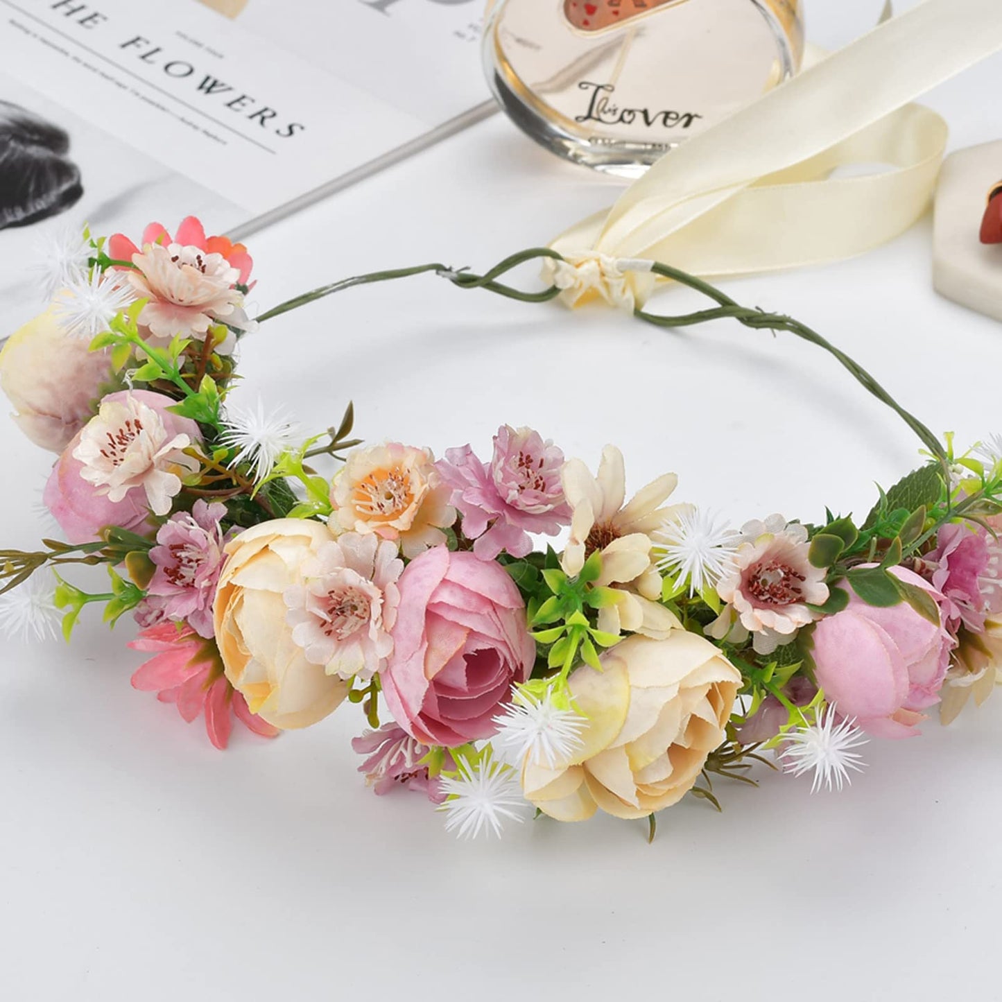 YnimioAOX Handmade Adjustable Flower Wreath Headband Halo Floral Crown Garland Headpiece,N4-pink apricot