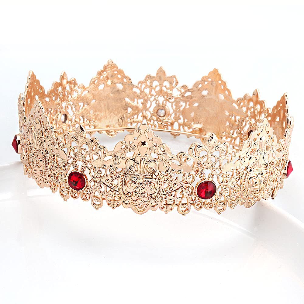 King Men Tiara Crown Imperial Medieval Headband Crystal Pageant Costumes For Birthday Party Prom Halloween Hair Accessories (Gold With Red Stone)