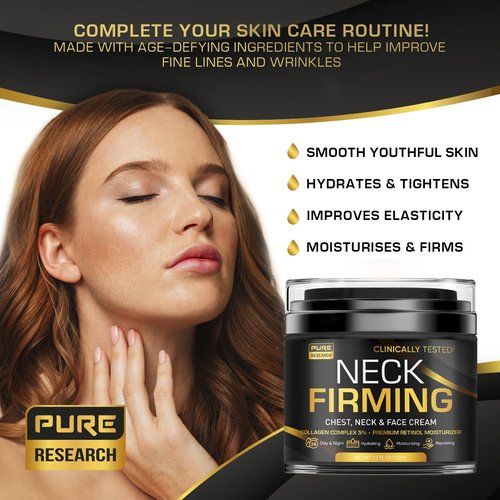 PURE RESEARCH Neck Firming Cream - Anti-Wrinkle Day & Night Moisturizer for Face, Neck & Décolleté