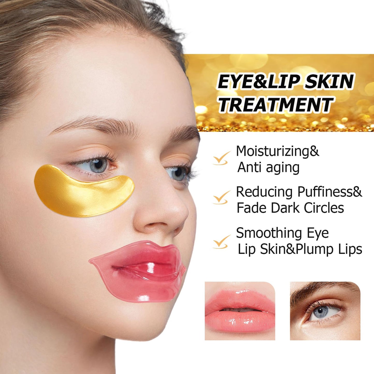 Jakuva 30 Pairs Lip Masks & Eye Masks,Gold Under Eye Patches for Puffy Eyes,Pink Lip Masks Skincare,Moisturizing Lip & Eye Skin,Anti-Aging,Reducing Fine Lines,Nourishing for Face Care