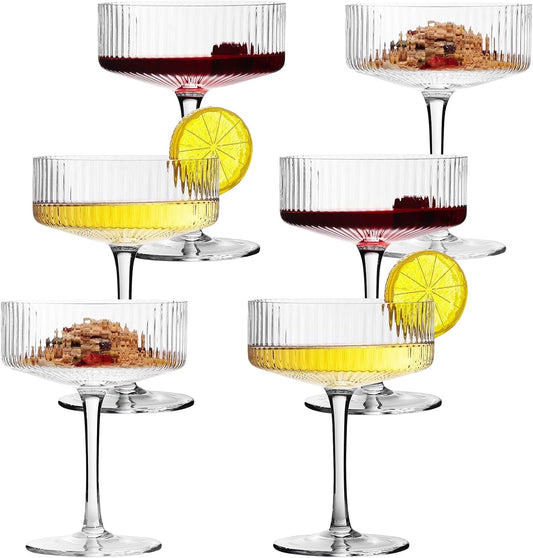 Skiennix 10 oz Ribbed Coupe Cocktail Glass Set - Elegant Hand Blown Martini Glasses in Gift Box (6 Pcs)