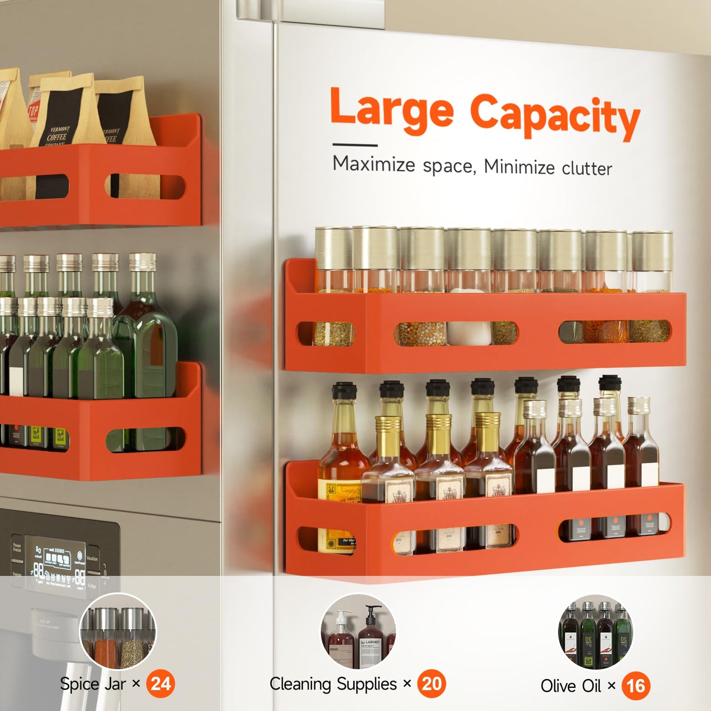 4 Pack Strong Magnetic Spice Rack for Refrigerator, Multipurpose Magnetic Shelf for Fridge with 4 Hooks for kitchen and Bathroom Organization, Black