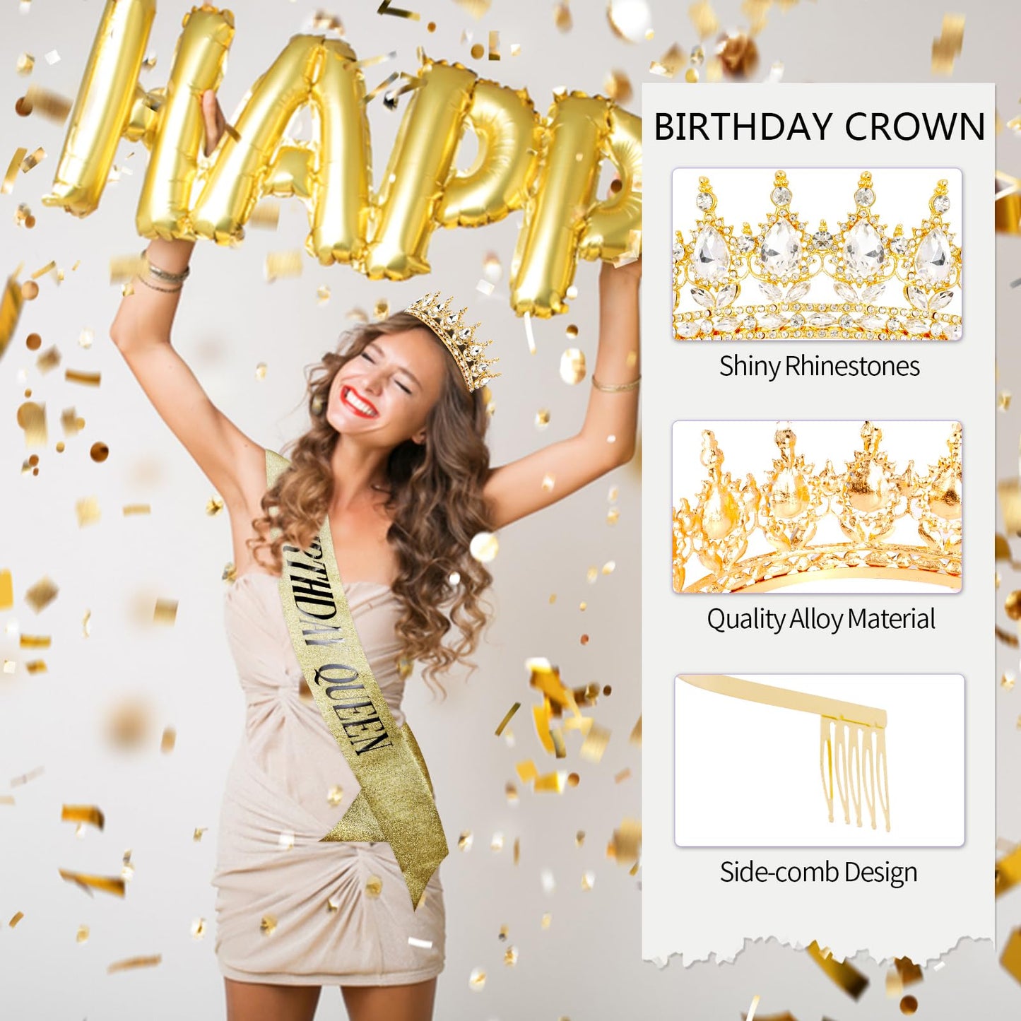 Vovii Birthday Crown & Sash Set for Women, Gold Rhinestone Tiara & Birthday Queen Sash for Women Birthday Decorations, Happy Birthday Party Decorations for Birthday Crown Adult Woman