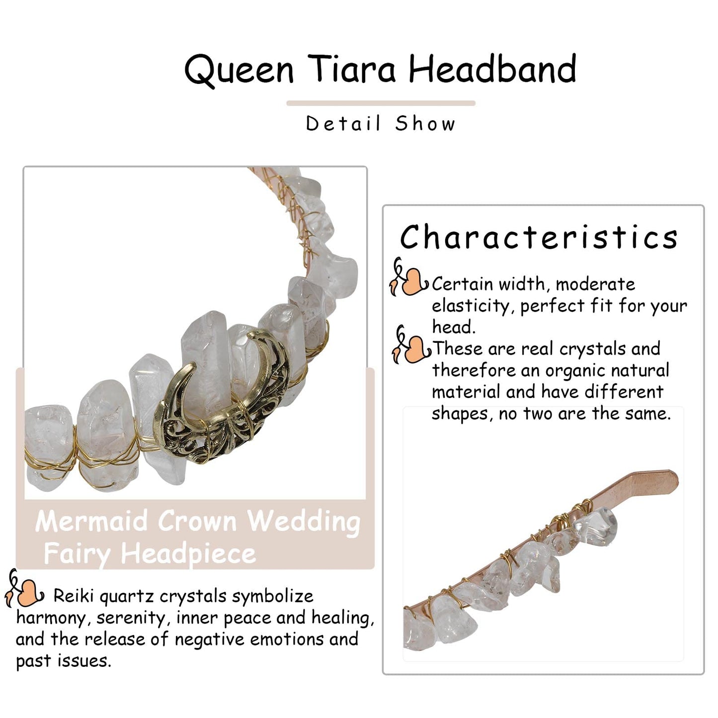 Raw Crystal Quartz Tiara Headband - Moon Stars Crystal Boho Tiara Hairband Sun Goddess Crown Wedding Bride Headpiece for Woman(moon (white))