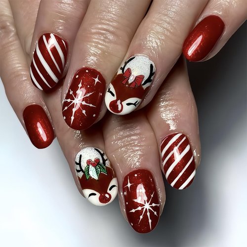 Red Christmas Press on Nails Short Oval Fake Nails Cute Christmas Deer Glue on Nails with Snowflake Stripes Designs Glossy Acrylic Stick on Nails Xmas Reusable False Nails for Women Girls 24 Pcs