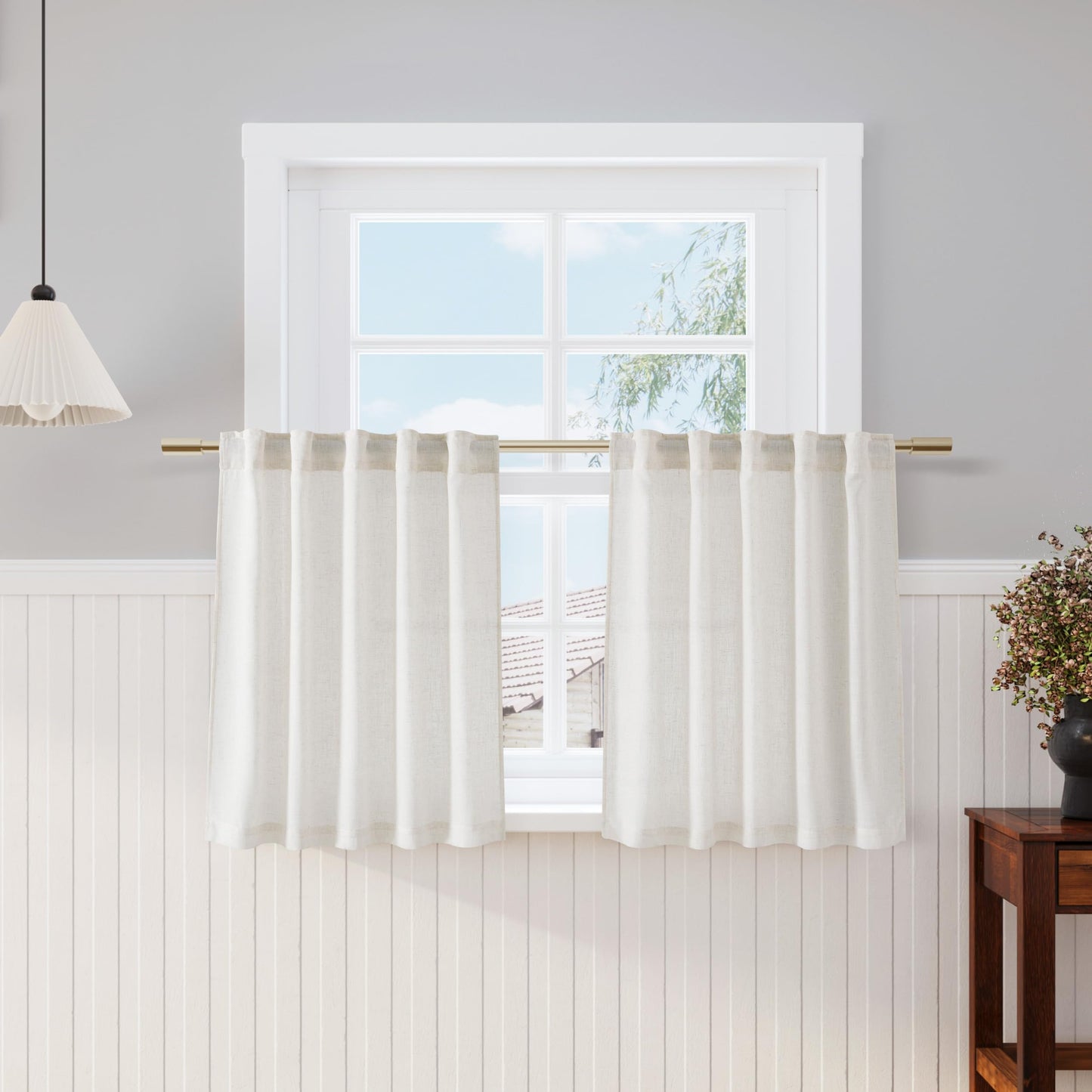 Nanspring Natural Linen Curtains for Kitchen Windows Over Sink - Cafe Curtain Semi Sheer with Rod Pocket and Back Tab Lightweight Rustic Textured Bistro Curtains for Bathroom, 2 Panels 25 x 24 Inch