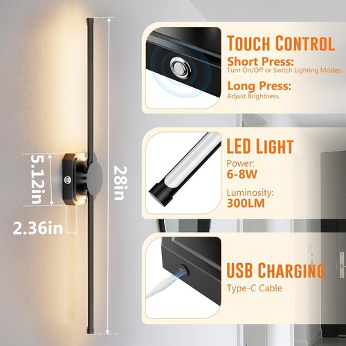 HEERTTOGO Battery Operated Wall Sconces - Set of 2 Dimmable LED Lights with Remote Control | 360° Rotatable, 3 Color Temperatures