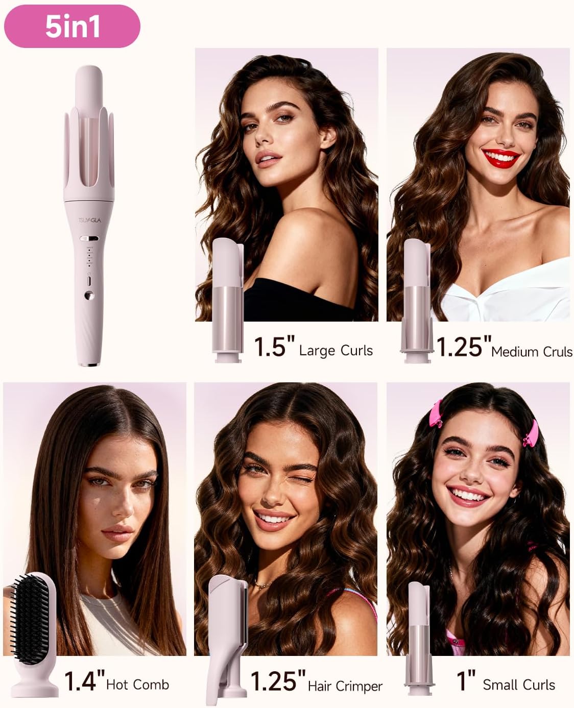 Skiennix 5-in-1 Auto Curling Iron Set - Interchangeable Barrels, Rotating Ceramic Curler, Pink