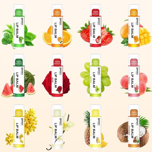 DMSKY Lip Balm Bulk - Moisturizing Coconut Oil & Vitamin E for Dry Lips | 24 Pack with 12 Flavors