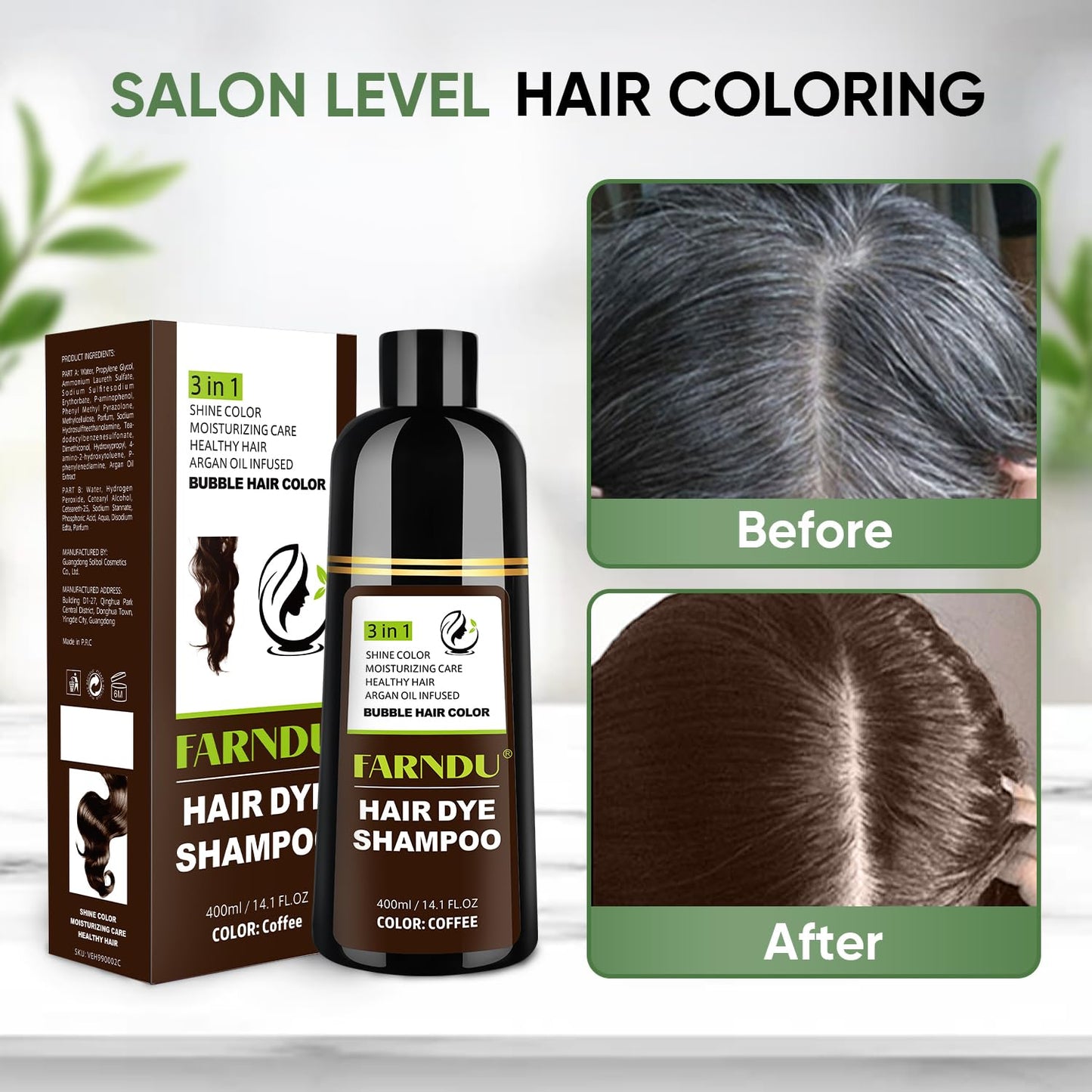 Coffee Hair Dye Shampoo for Women & Men - Gray Coverage 3 In 1 Natural Color Shampoo