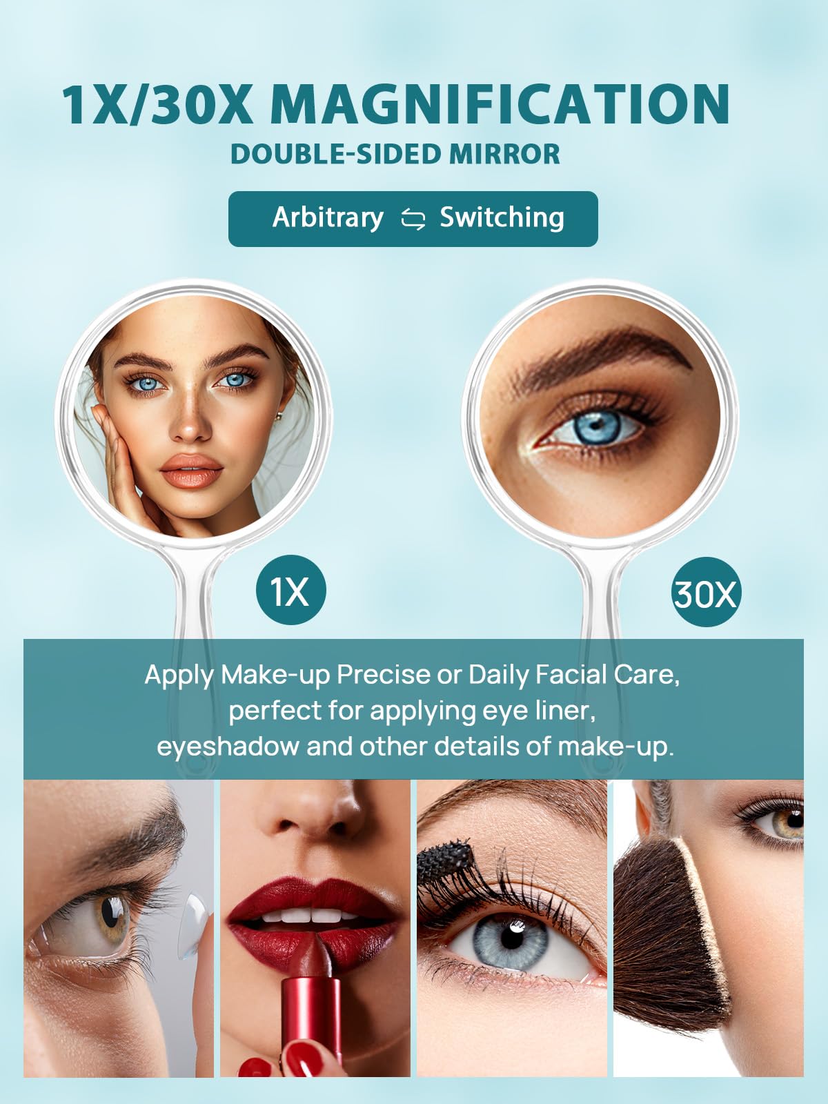 Macaki Hand Mirror, Double-Sided 1X/30X Magnifying Mirror with Handle, Acrylic, 8.3" L x 4.5" W, Clear, Pack of 1