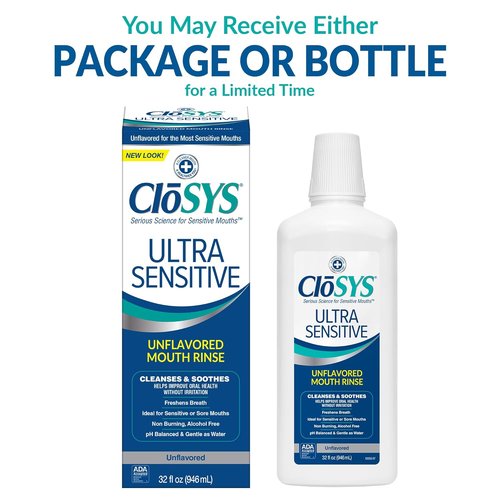 CloSYS Ultra Sensitive Mouthwash - Alcohol-Free, Unflavored, pH Balanced, 32 Oz for Soothing Relief
