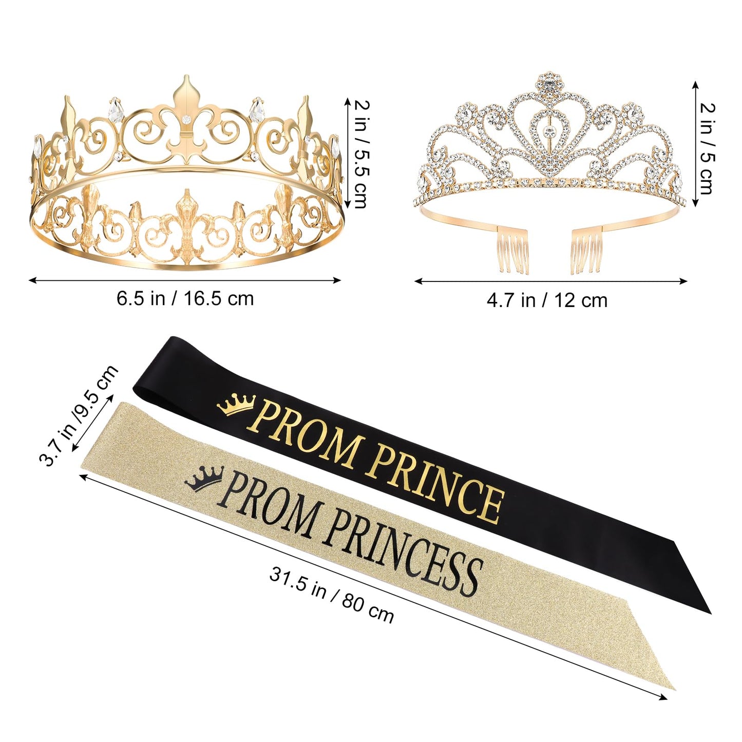 Saintrygo Prince and Princess Crowns Prom Court Sashes Prom Party Favors 80s Prom Tiara Shiny Satin Cosplay for Graduation (Classic Style)