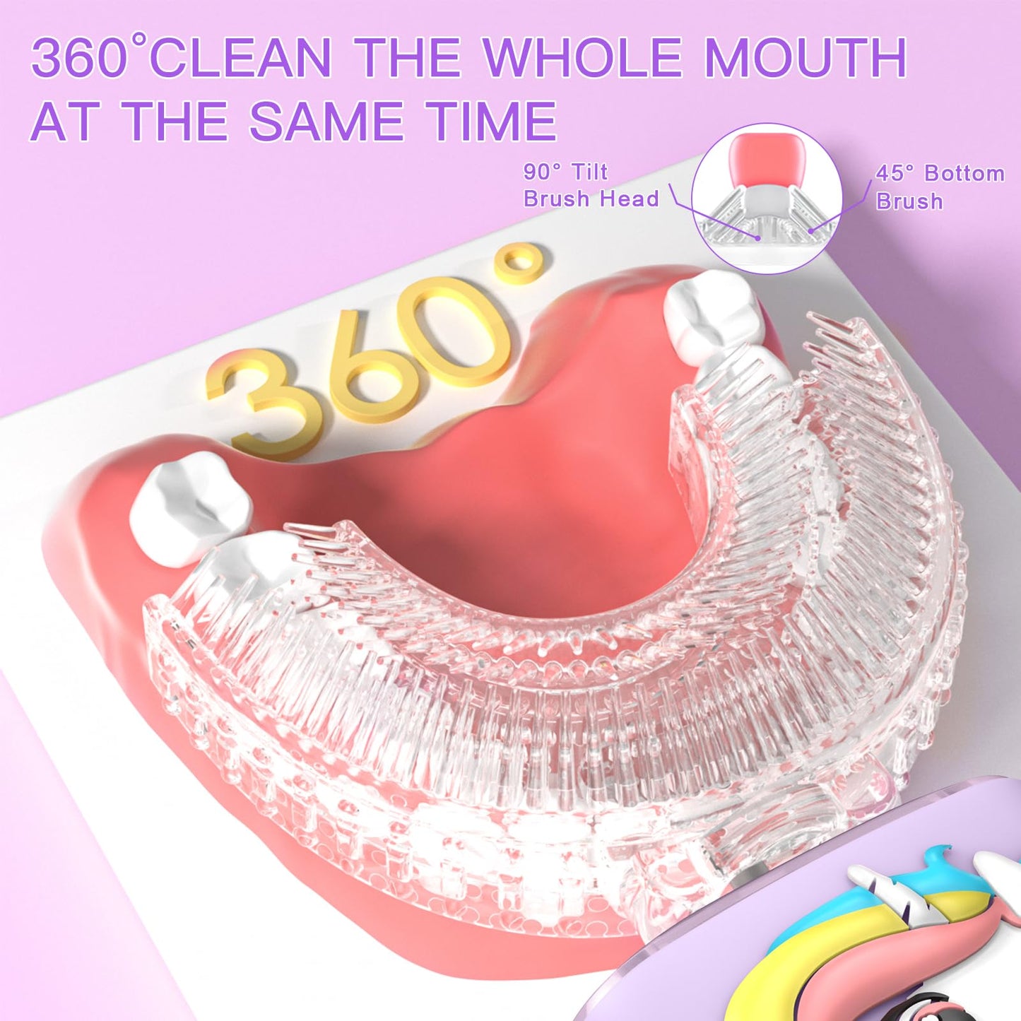 JEDURE Kids Electric Toothbrush U Shaped Toddler Auto Sonic Toothbrushes with 4 Brush Head,Cartoon Unicorn Ultrasonic Toothbrushes for Children 2-12 Years, Full Mouth Cleaning