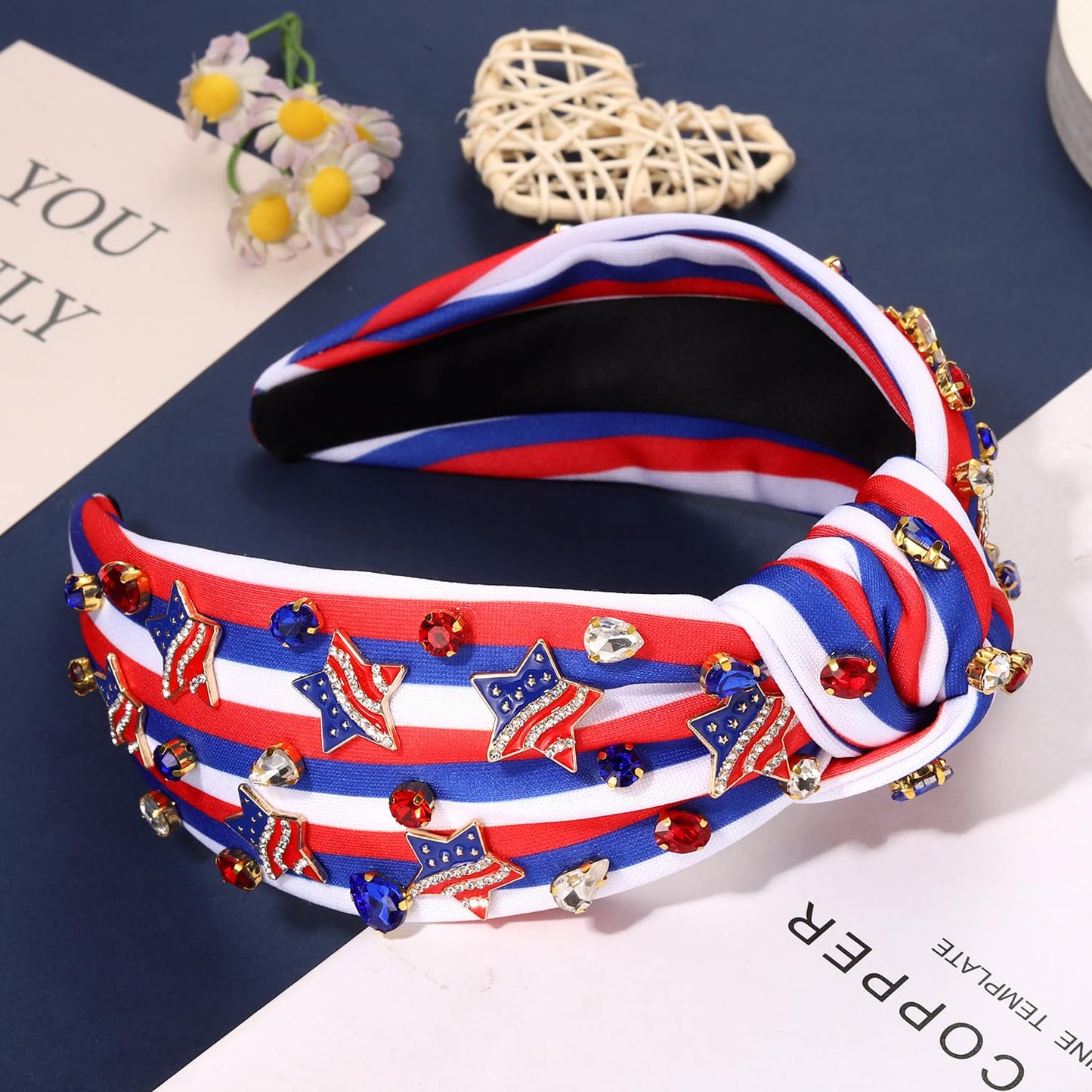 YAHPERN American Headband for Women 4th of July Headband USA Star Knotted Headband Embellished Crystal Wide Top Knot Headband Independence Day Outfits Accessories (Star 3)