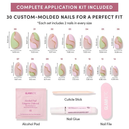Glamnetic Press On Nails - Strawberry Matcha | Short Oval Fake Nails with Pink & Green Swirl Design and Gold Foil Accents in Glossy Finish, Salon Quality | 15 Sizes - 30 Nail Kit with Glue