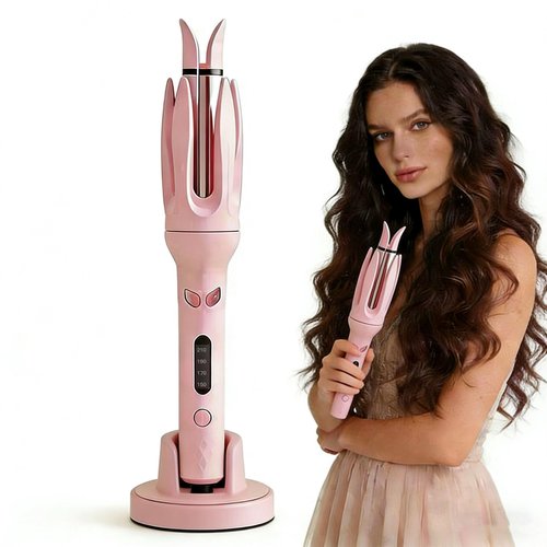 Automatic Curler, Professional Auto-Rotating Curling Iron with LCD Screen 28mm for Barrel Rotating Curling Wand 4 Temps & 15s Timer, Fast Heating Hair Styling Tool(Updated Version Pink)