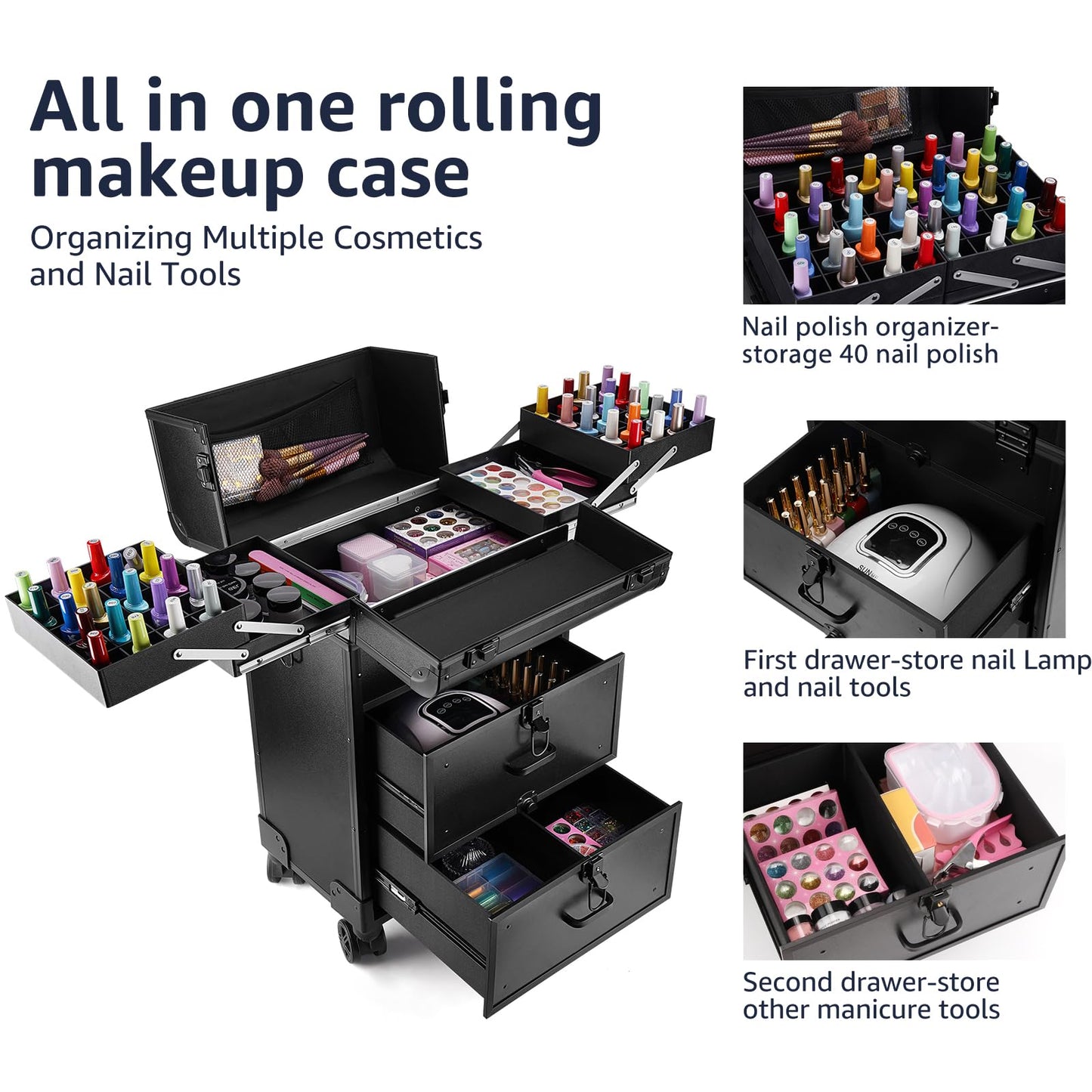 Yokilly Rolling Makeup Train Case, Professional Cosmetology Case on Wheels, Aluminum Cosmetic Trolley Travelling Cart Trunk with Swivel Wheels, Sliding Drawer & Keys for Nail Technician Stylist(Black)