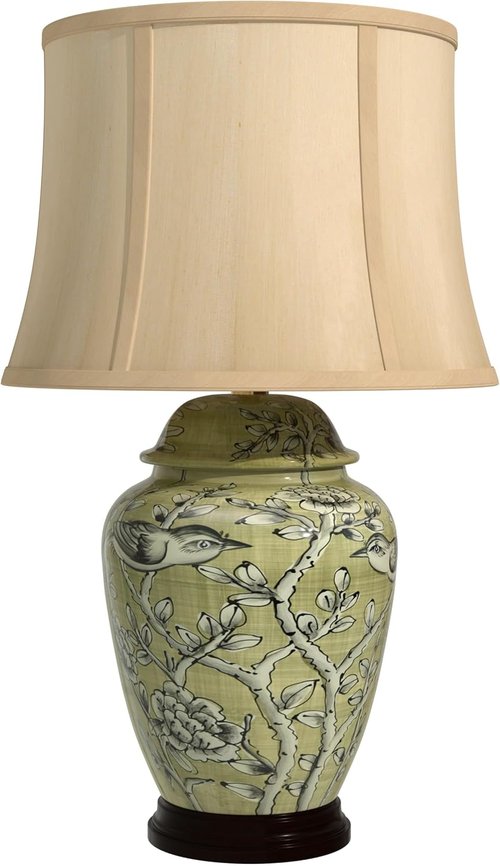 Red Lantern 25" Jade Green Birds and Flowers Lamp - Elegant Home Decor Accent
